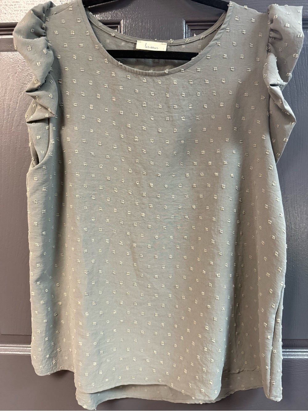 Les Amis Light Sage Swiss Dot Ruffle Sleeve Blouse